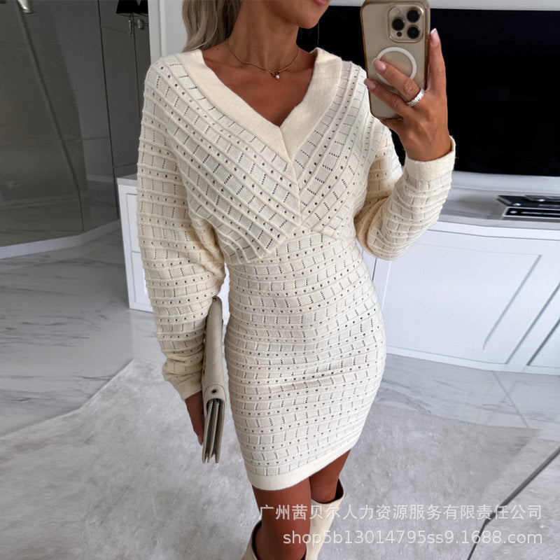 Women V Neck Long Sleeve Kintting Dress 7