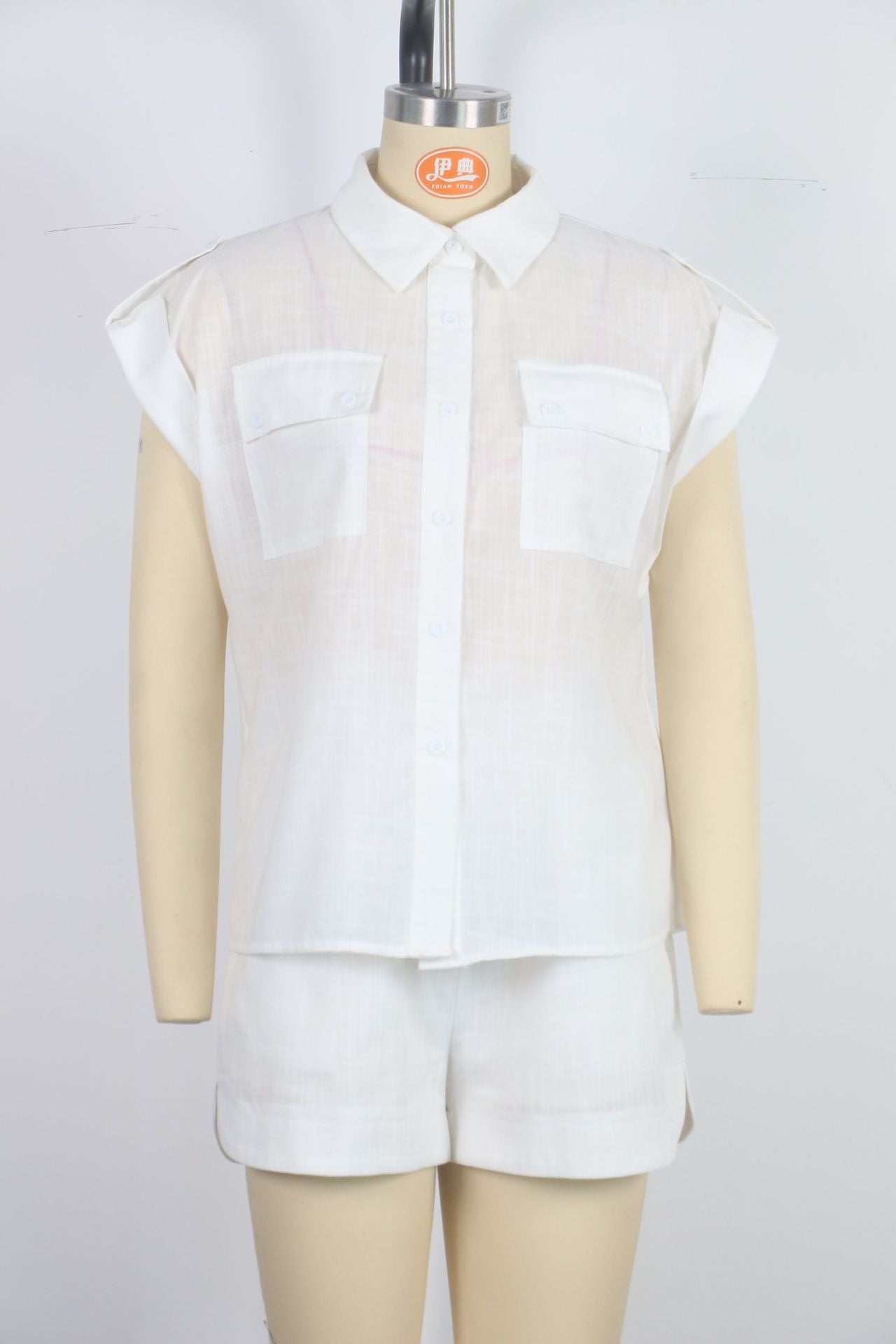 Women roll-up sleeve pocket casual shirt and shorts two-piece set 12