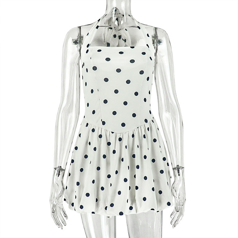 Women Black and White Polka Dot Pleated Halter Neck Sleeveless Dress 6