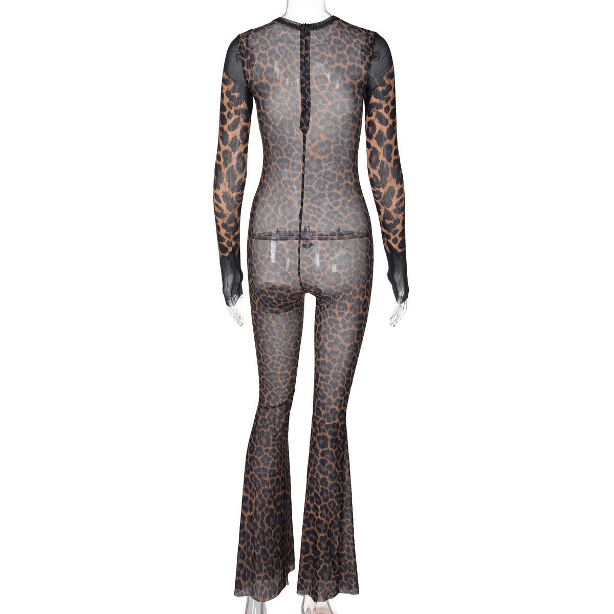 Women Mesh See-Through Sexy Jumpsuit Winter Long Sleeve Print Bell Bottom Pants 6