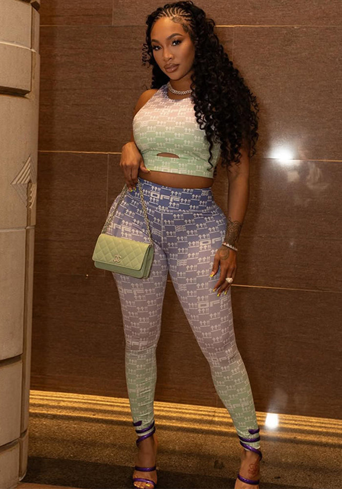 Women's Sporty Hollow-Out Printed Slim-Fit Pants Set Tank Top & Leggings