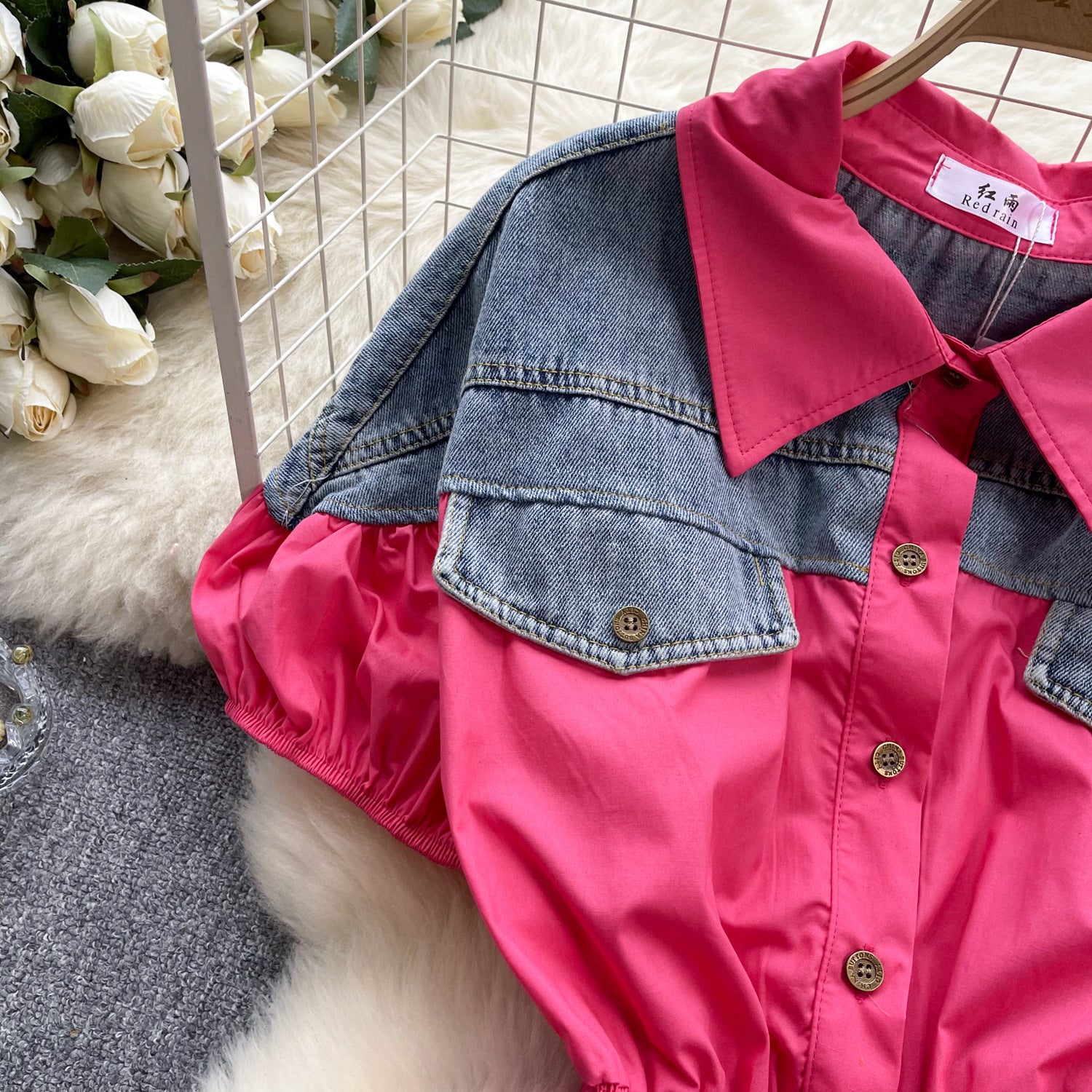 Women Contrast Patchwork Puff Sleeve Stretch Shirt 41