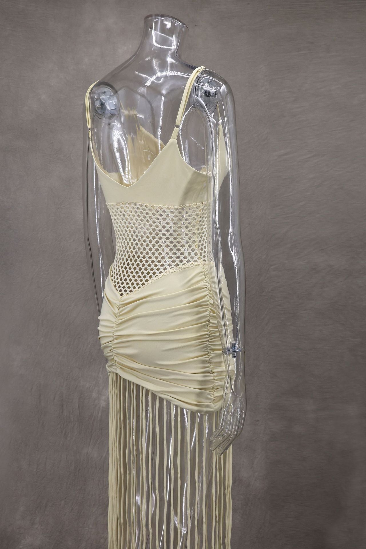 Women Spring and Summer Strap Mesh Sexy Pleated Bodycon Tassel Dress 12