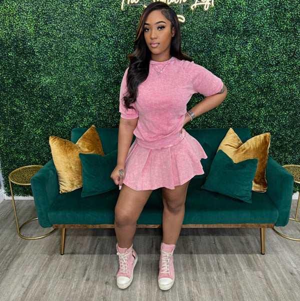 Women's Printed Loose Casual T-Shirt Pleated Skirt Two-Piece Set 6