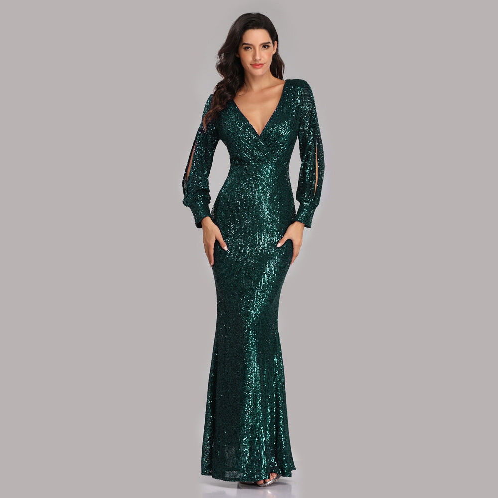 Plus Size Women Long Sleeve V-Neck Sequined Mermaid Evening Dress 13