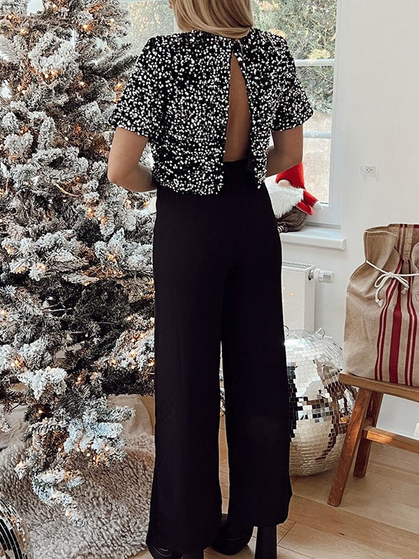 Women Sequin Pocket Backless Slit Jumpsuit