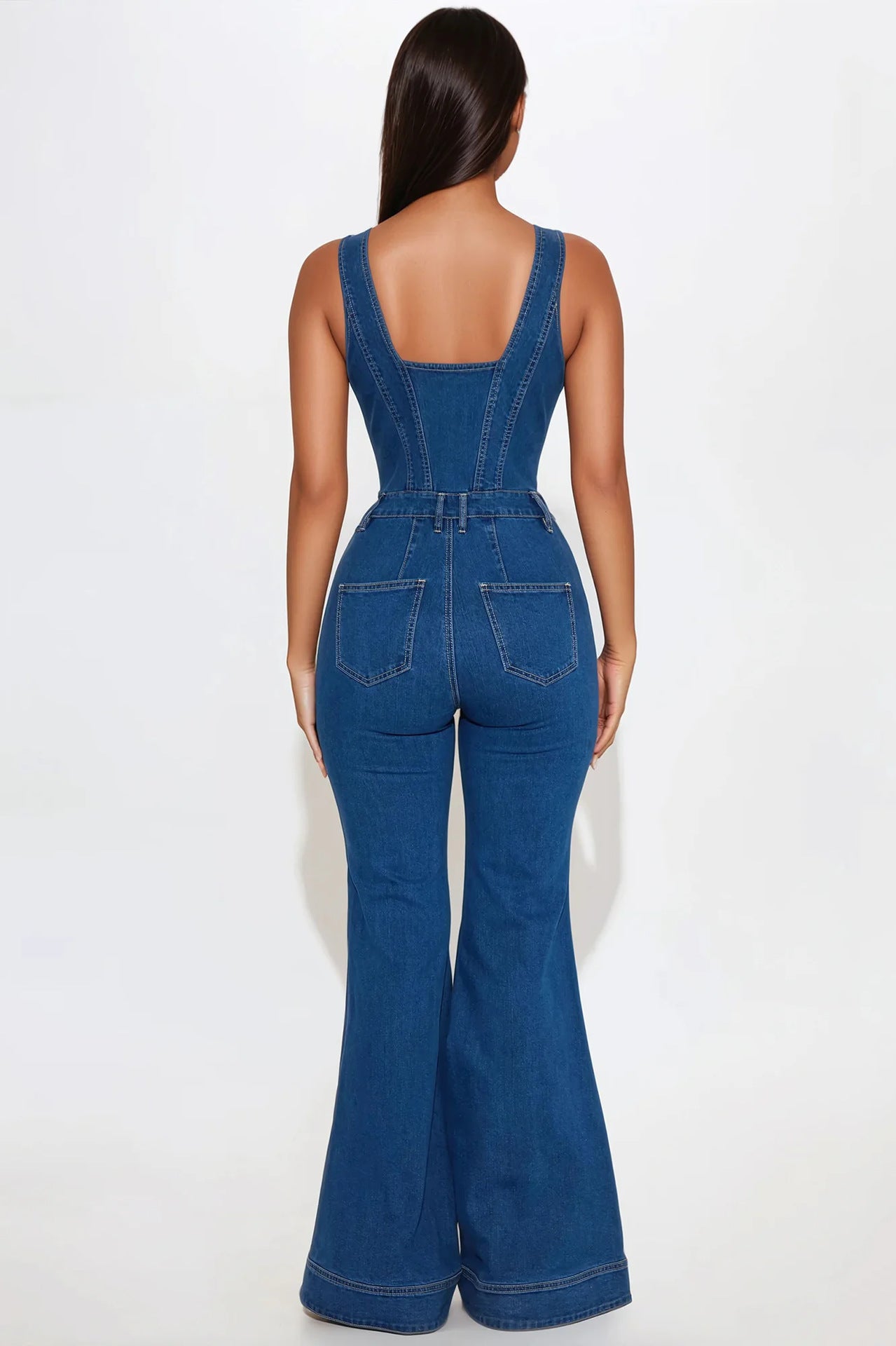 Women Casual Sexy Denim Bell Bottom Jumpsuit 4