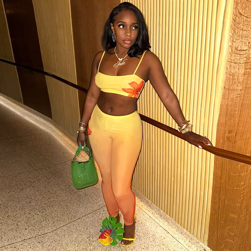 Women Sexy Floral Gradient Printed Camisole Vest Top and Trousers Two-Piece Set 7