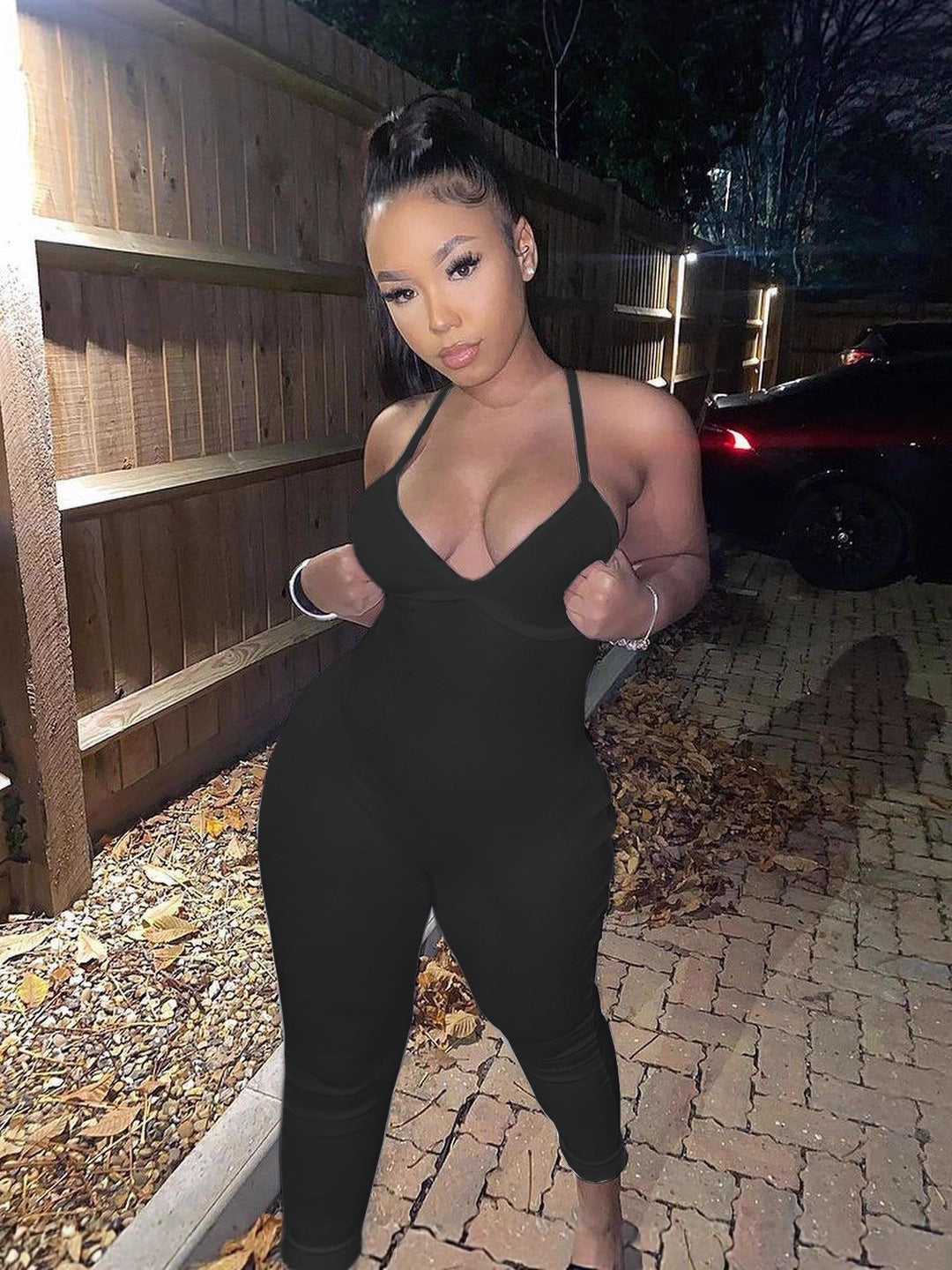 Sexy Black Tight-Fitting Strap Backless Jumpsuit 4