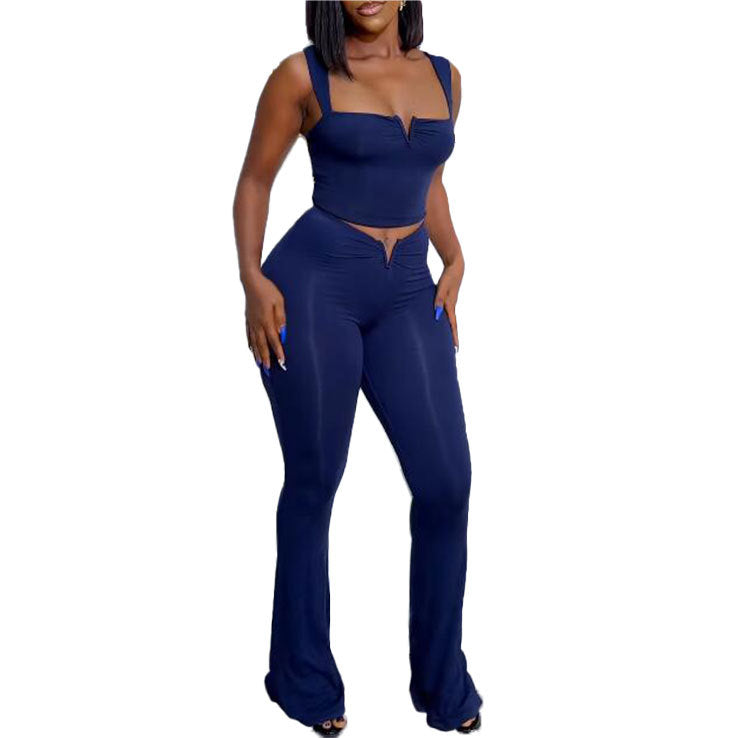 Sexy Solid Color Straps V Crop High Waist Elastic Solid Color Micro Two Piece Pants Set 13