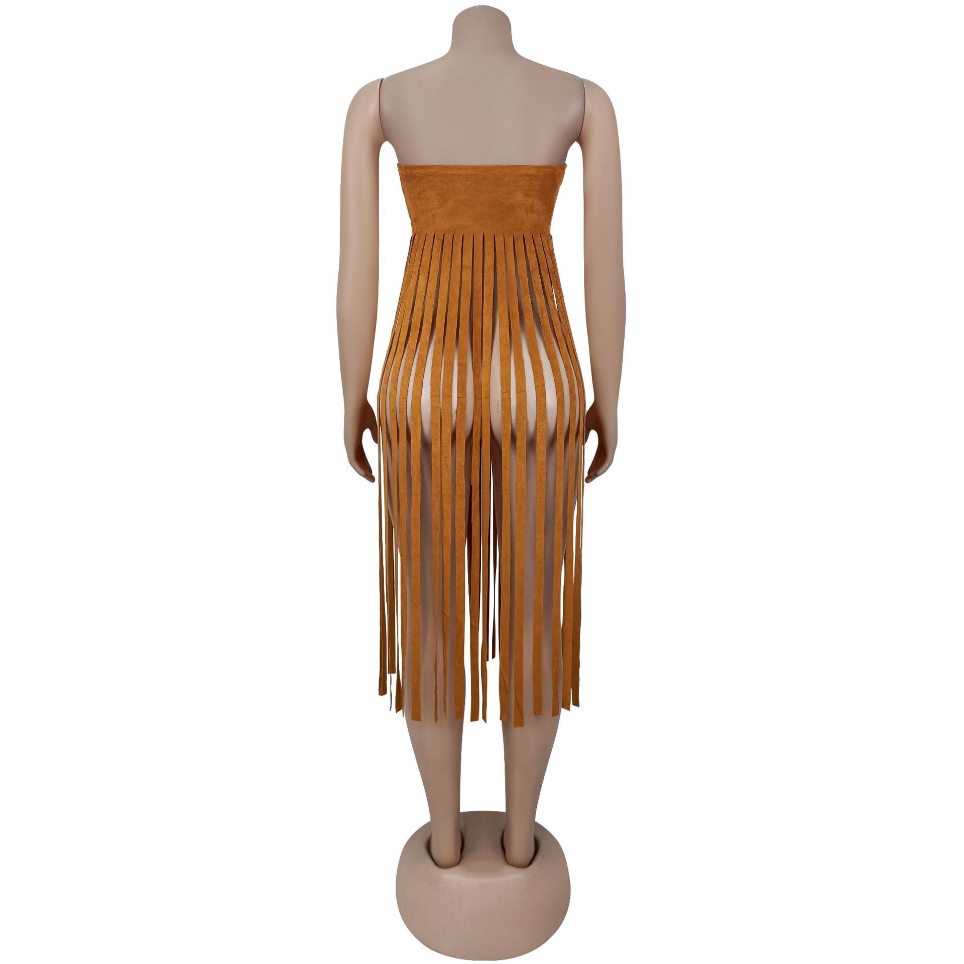 Women Sexy Suede Strapless Solid Fringe Dress 7