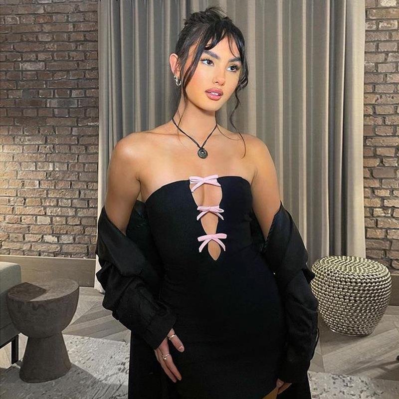 Chic bow hollow Strapless sexy slim party Bodycon dress 4