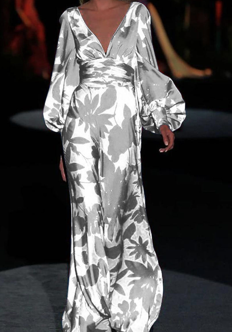 Spring Summer Women's Fashionable Printed Sexy V-Neck Slim Waist Loose Long Dress 4