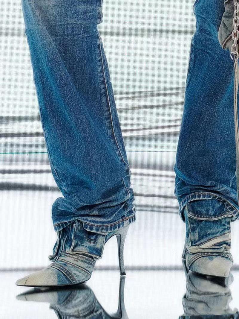 Pointed Denim Patchwork Stiletto Plus Size Women's Slippers 6