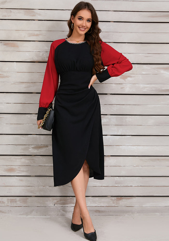 Retro Contrast Color Irregular Slim Waist Long-Sleeved Dress