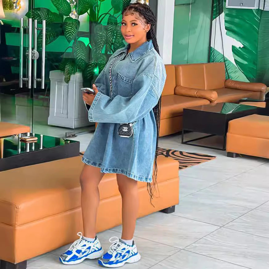 Spring Summer Women's Fashion Turndown Collar Loose Fashion Denim Dress 3