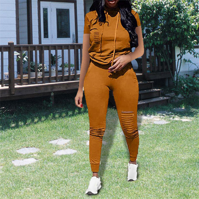 Women Summer Solid Hooded Short-Sleeved Top and Pants Two-Piece Set 5