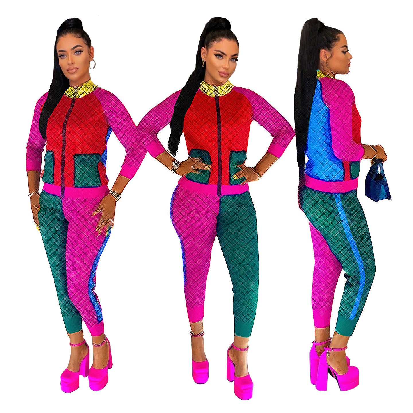 Women's Fashion Casual Style Contrast Color Block Zipper Two-Piece Pants Set 6