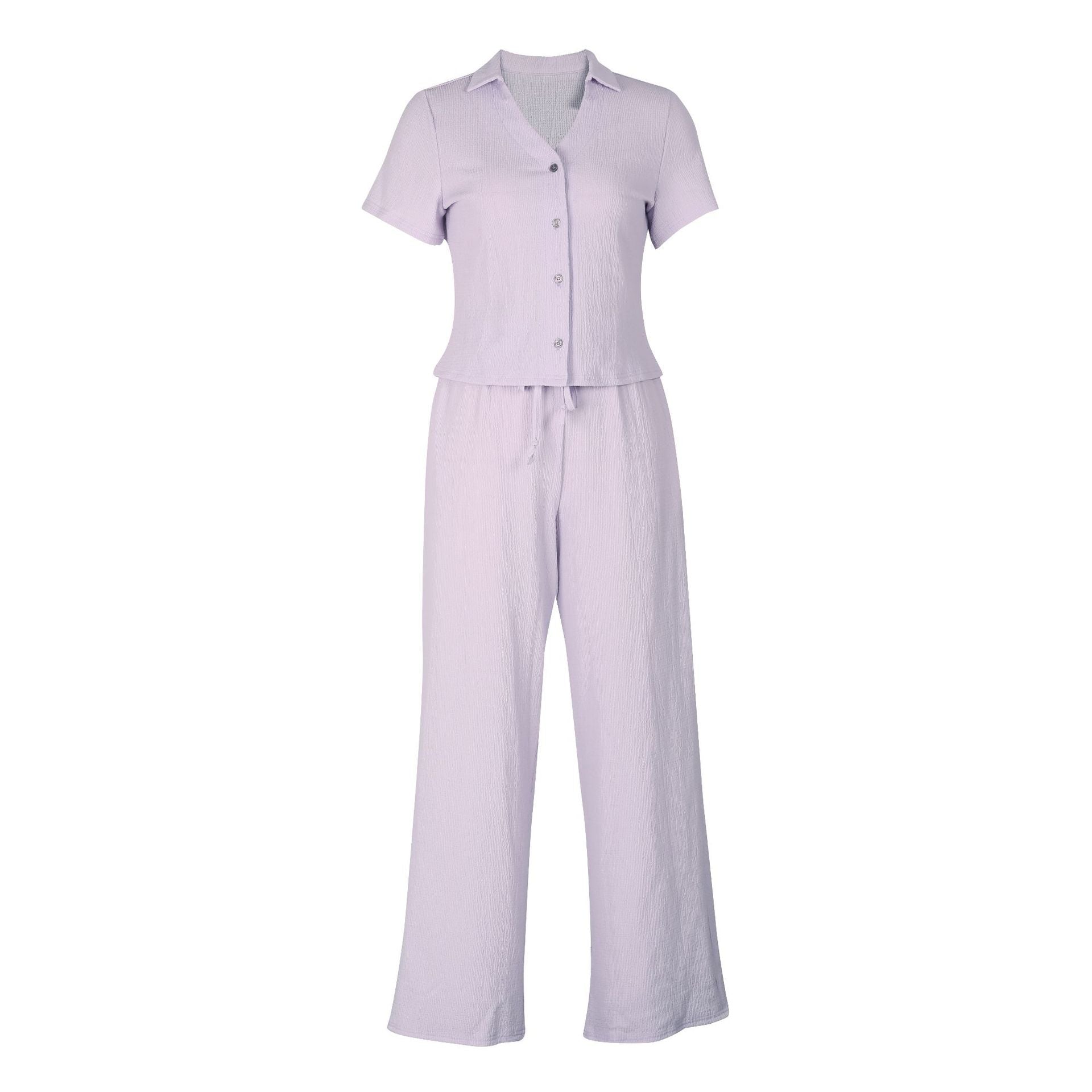 Women short-sleeved loose pleated v-neck shirt and trousers two-piece set 19