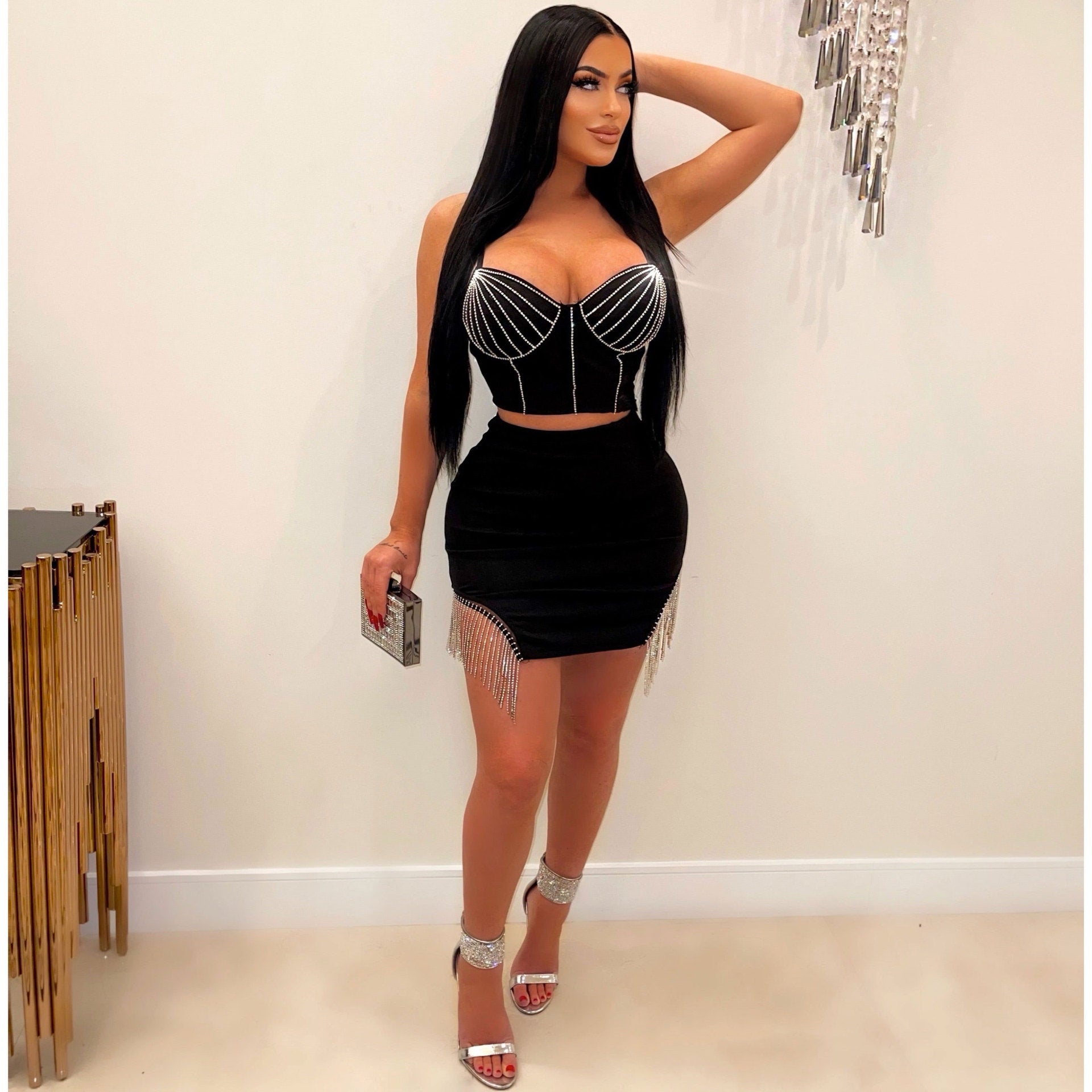 Sexy Beaded Two-Piece Straps Top And Tassels Skirt Clubwear 3