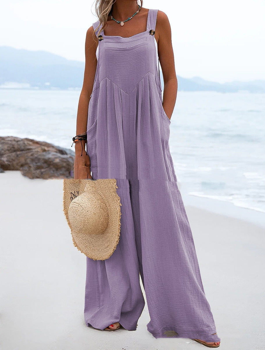 Summer Ladies Fashion Solid Color Button Suspenders Jumpsuit Wide Leg Pants Trousers 26