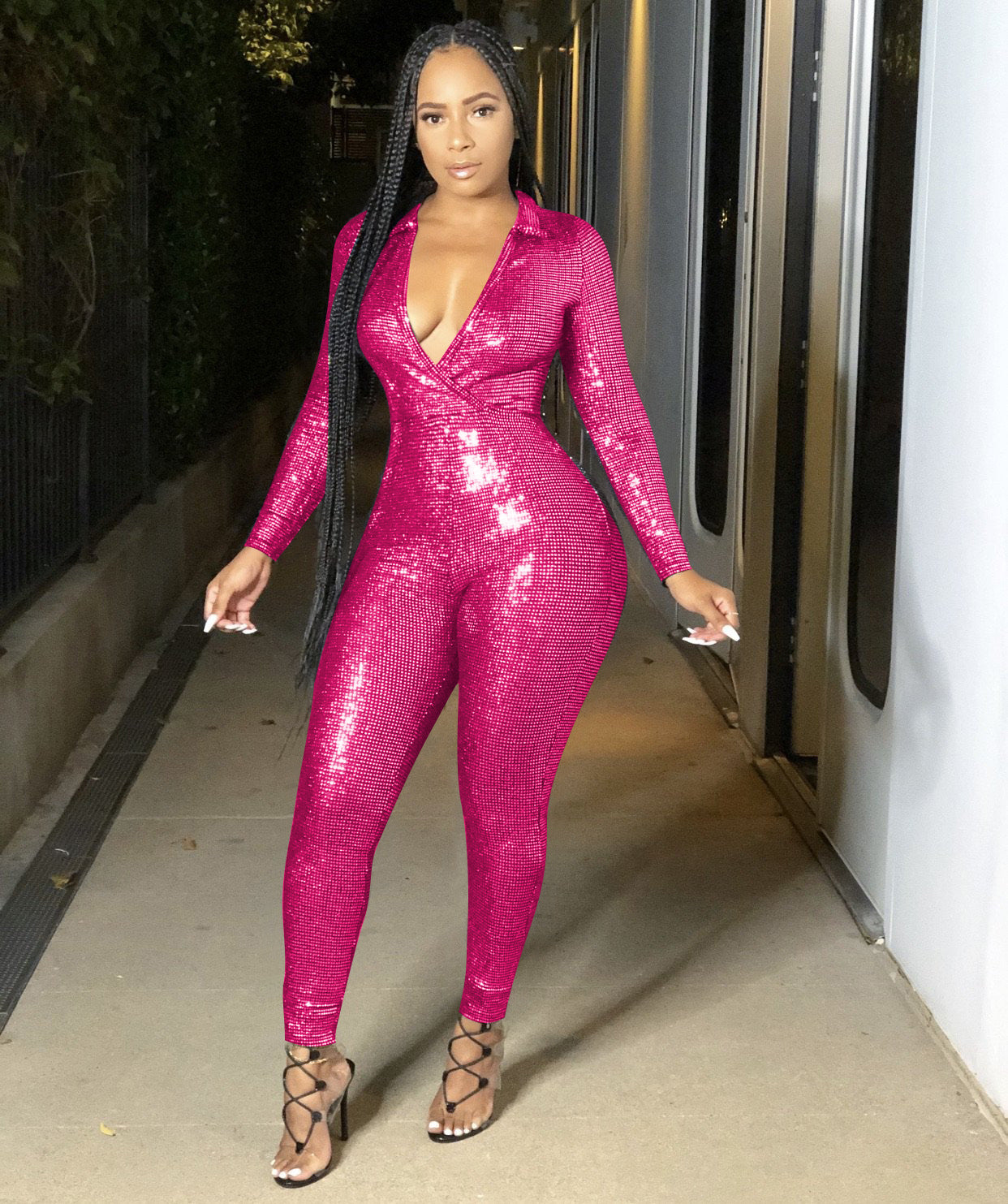 Women V Neck Shiny Jumpsuit 4