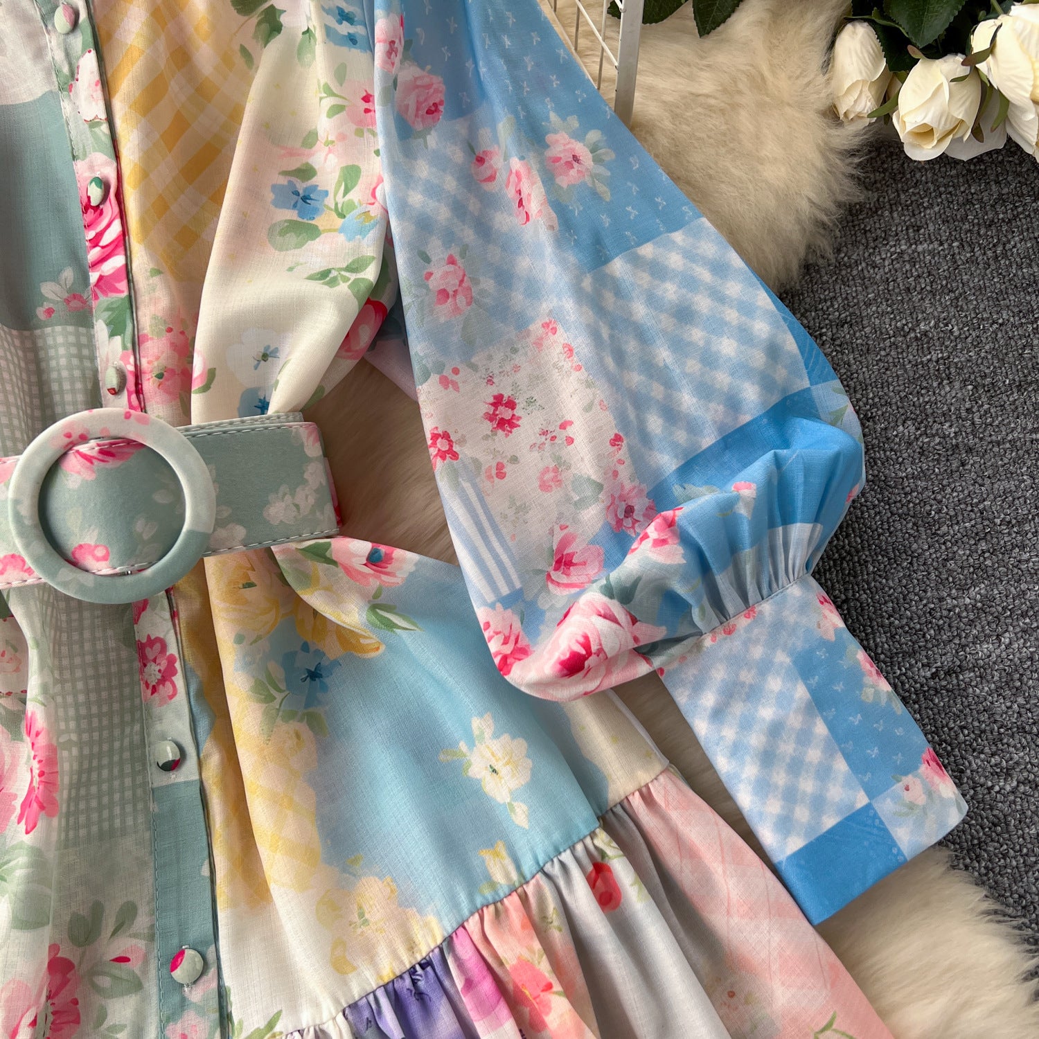 Women Stand Collar Lantern Long Sleeve Ruffle Printed Dress 13