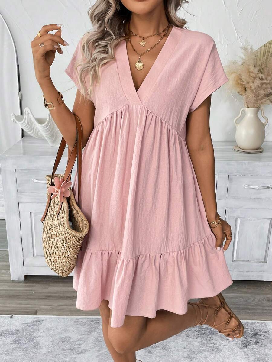 Women's Summer Holiday Style Ruffle Hem V-Neck Solid Color Loose Short Dress