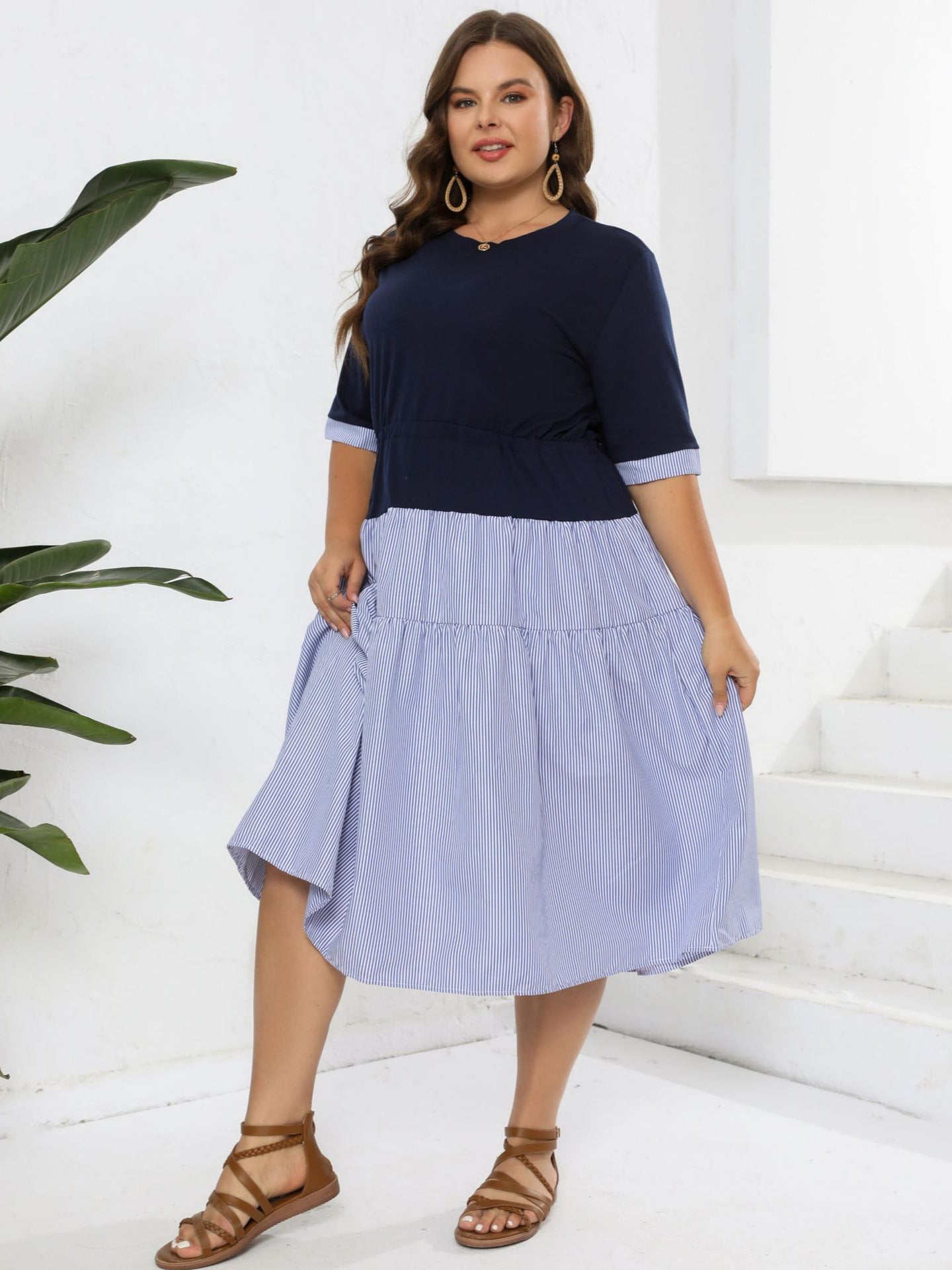 Plus Size Women knitting Round Neck Patchwork Striped Dress 4