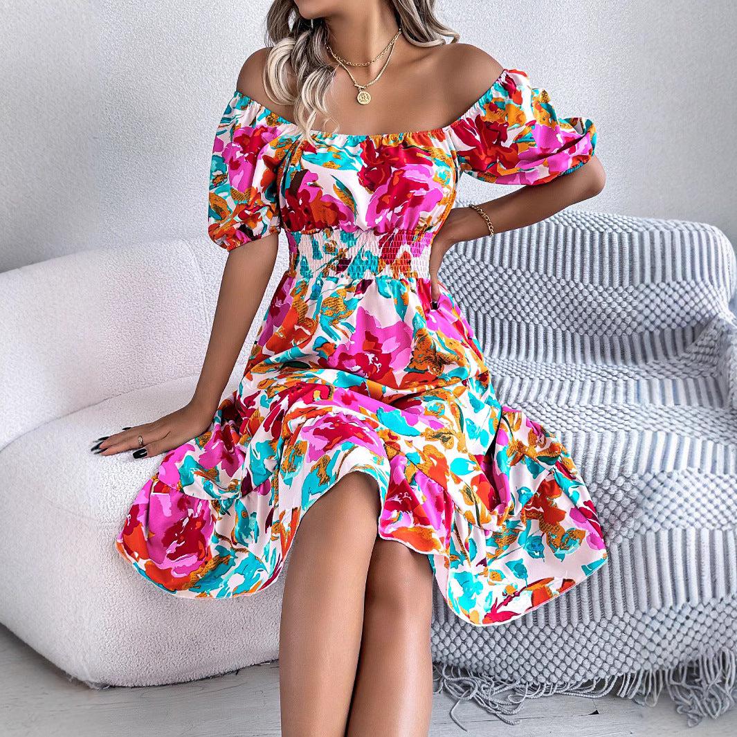 Women Spring and Summer Casual Flower Square Neck Short Sleeve Ruffle Dress