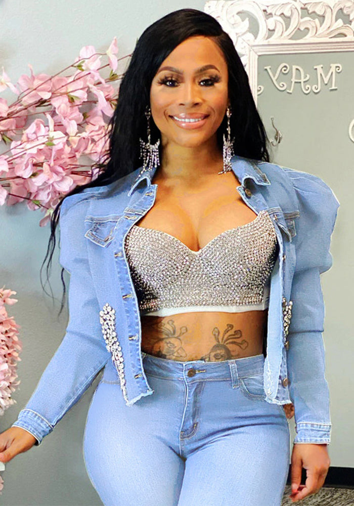 Women beaded crown Denim jacket
