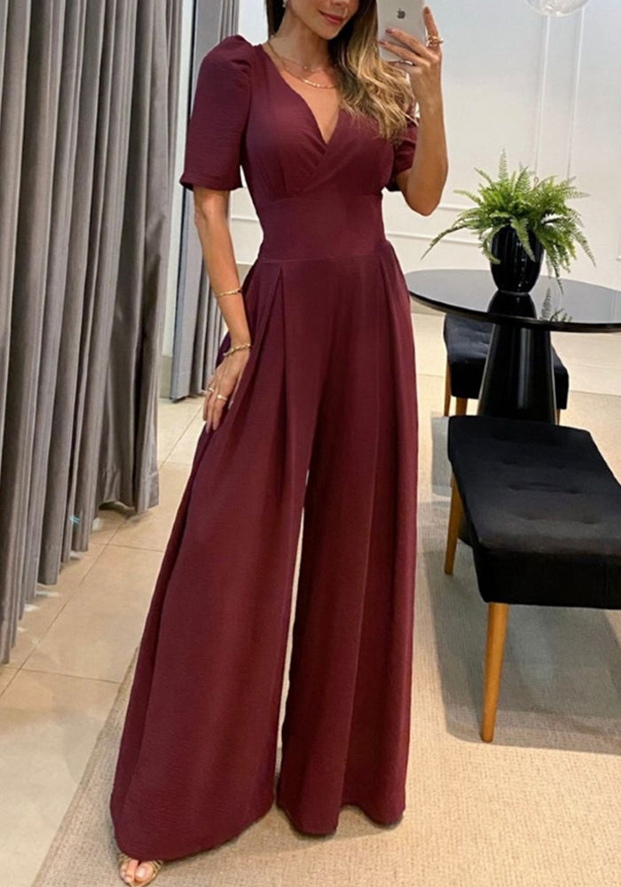 Women Fall Casual V-Neck Tie Bubble Short Sleeve Wide Leg Jumpsuit