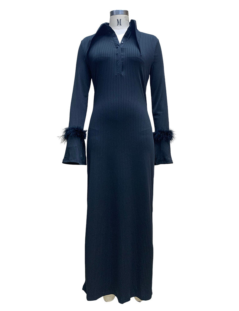 Women Turndown Collar Long Sleeve Feather Maxi Dress 12
