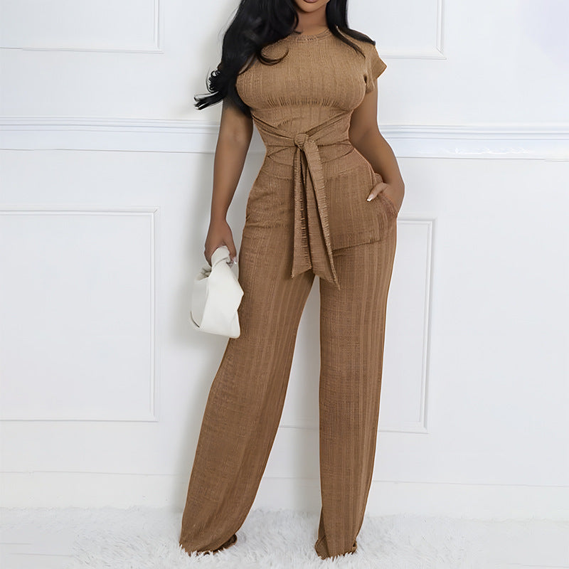 Summer Round Neck Casual Slim Fashion Short Sleeve Two Piece Pants Set 3