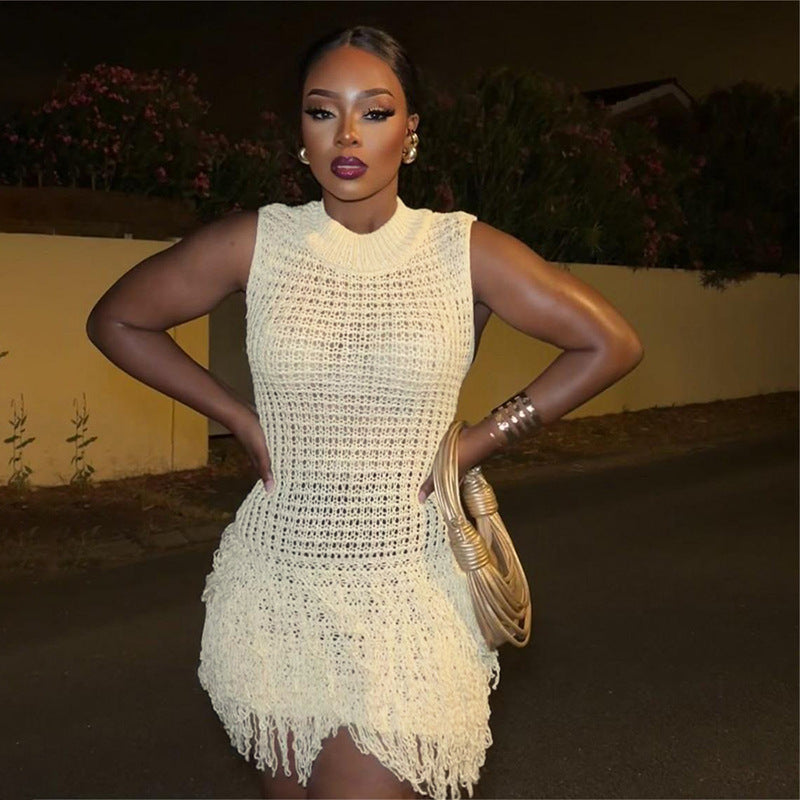 Women Summer Sexy Sleeveless Tassel Hollow Patchwork Dress 3