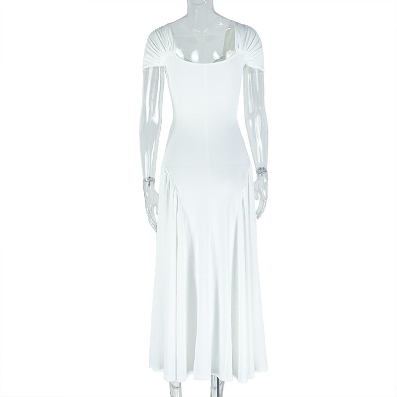 Elegant women's solid color pleated A-line V-neck short-sleeved low back long dress formal party dress 13