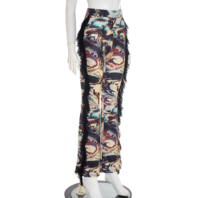 Women Autumn/Winter Multi-Color Printed Fringed Patchwork Pants 8