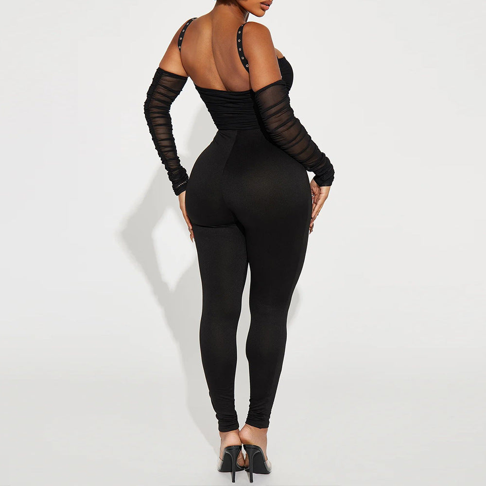 Spring Crop Low Back Mesh Strap Pants Set For Women 7