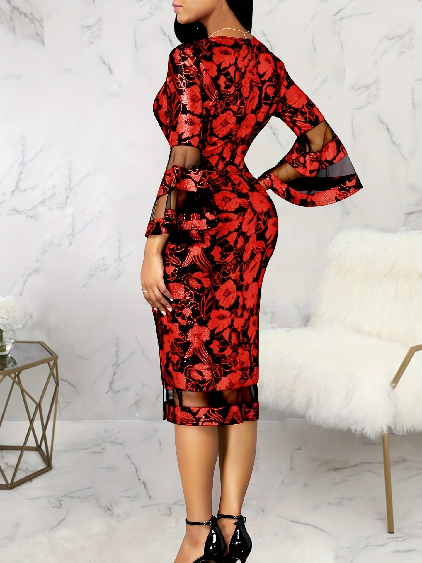 Women Print Bell Bottom Sleeve V-neck Chic Mesh Patchwork Bodycon Dress 8