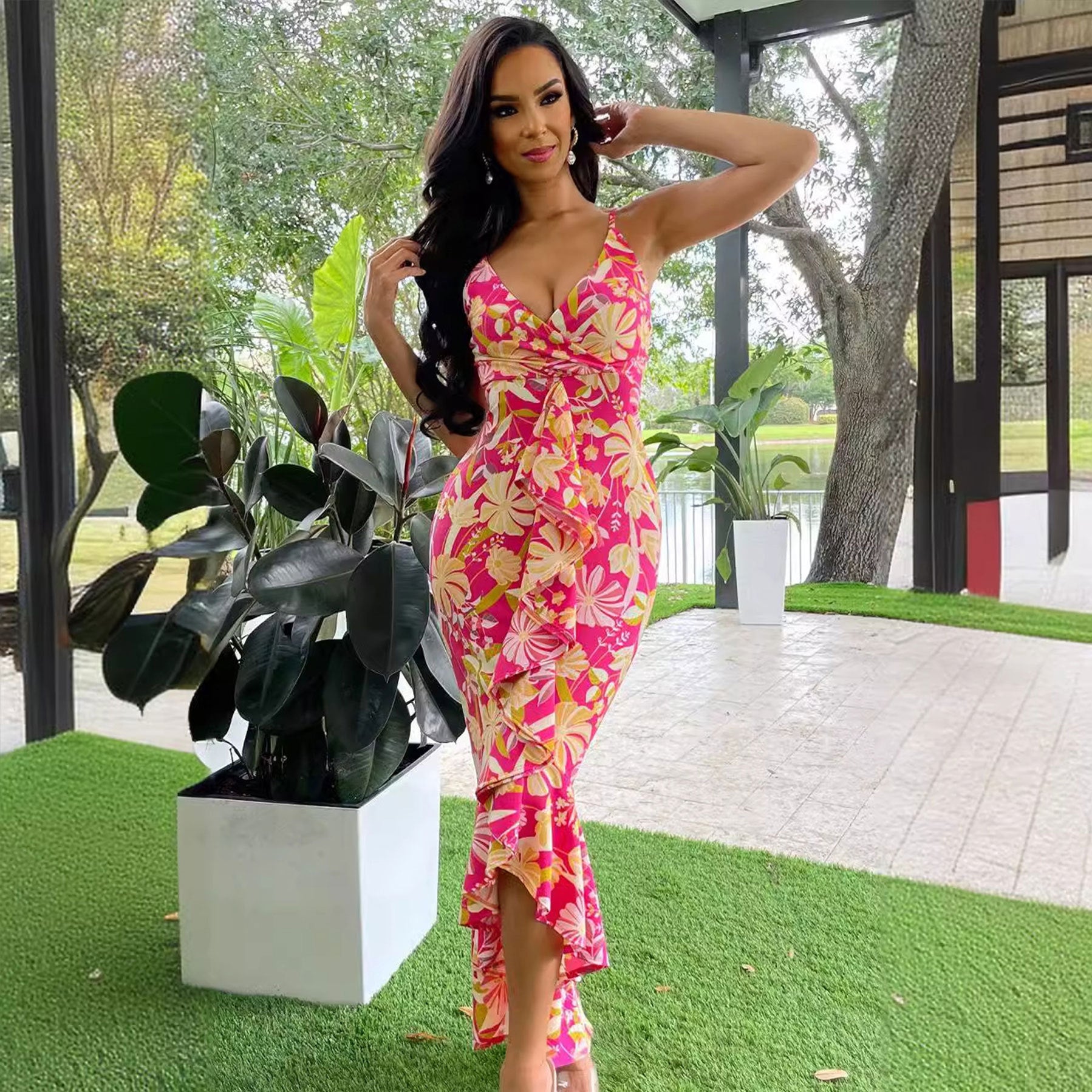 Printed Strap Slim Nightclub Dress