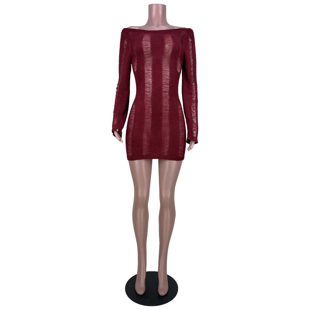 Women's Sexy Hollow Thin Long Sleeve Top Round Neck Hollow Back Dress 13