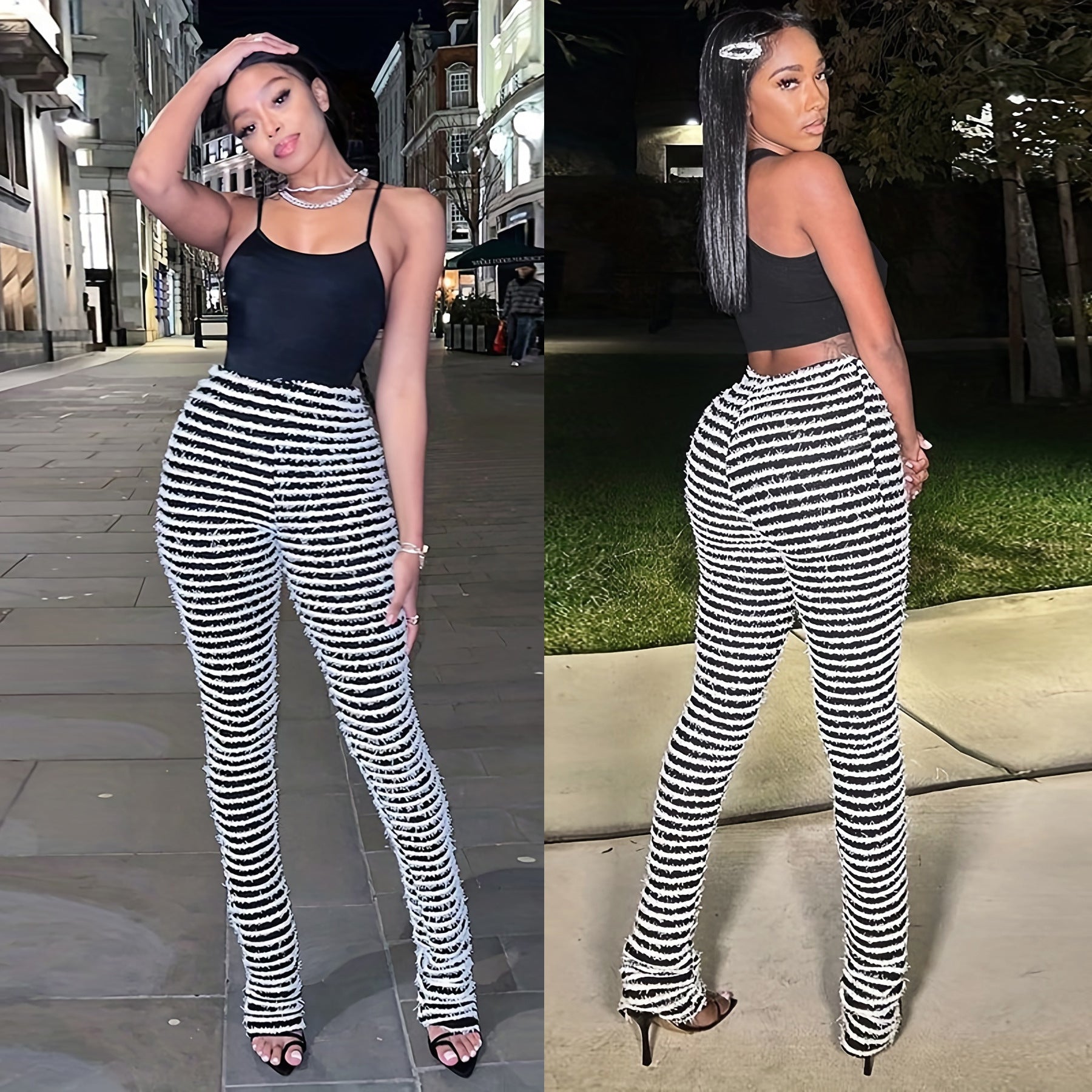 Plus Size WomenKnitting Stripe High Waist Trousers