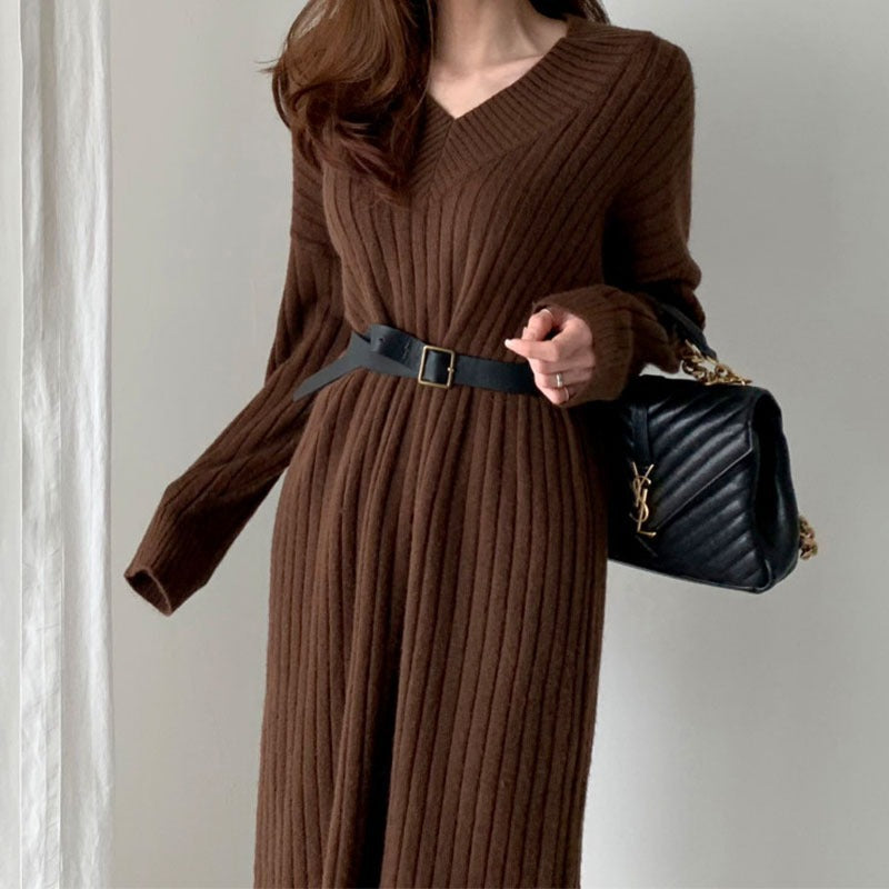 Autumn And Winter Retro Chic Knitting Dress Women's Loose Lazy Style Basic Sweater Long Dress 5