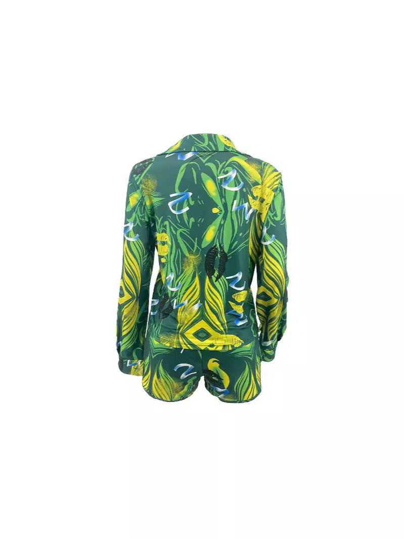 Women summer printed long-sleeved shirt and shorts Casual two-piece set 6