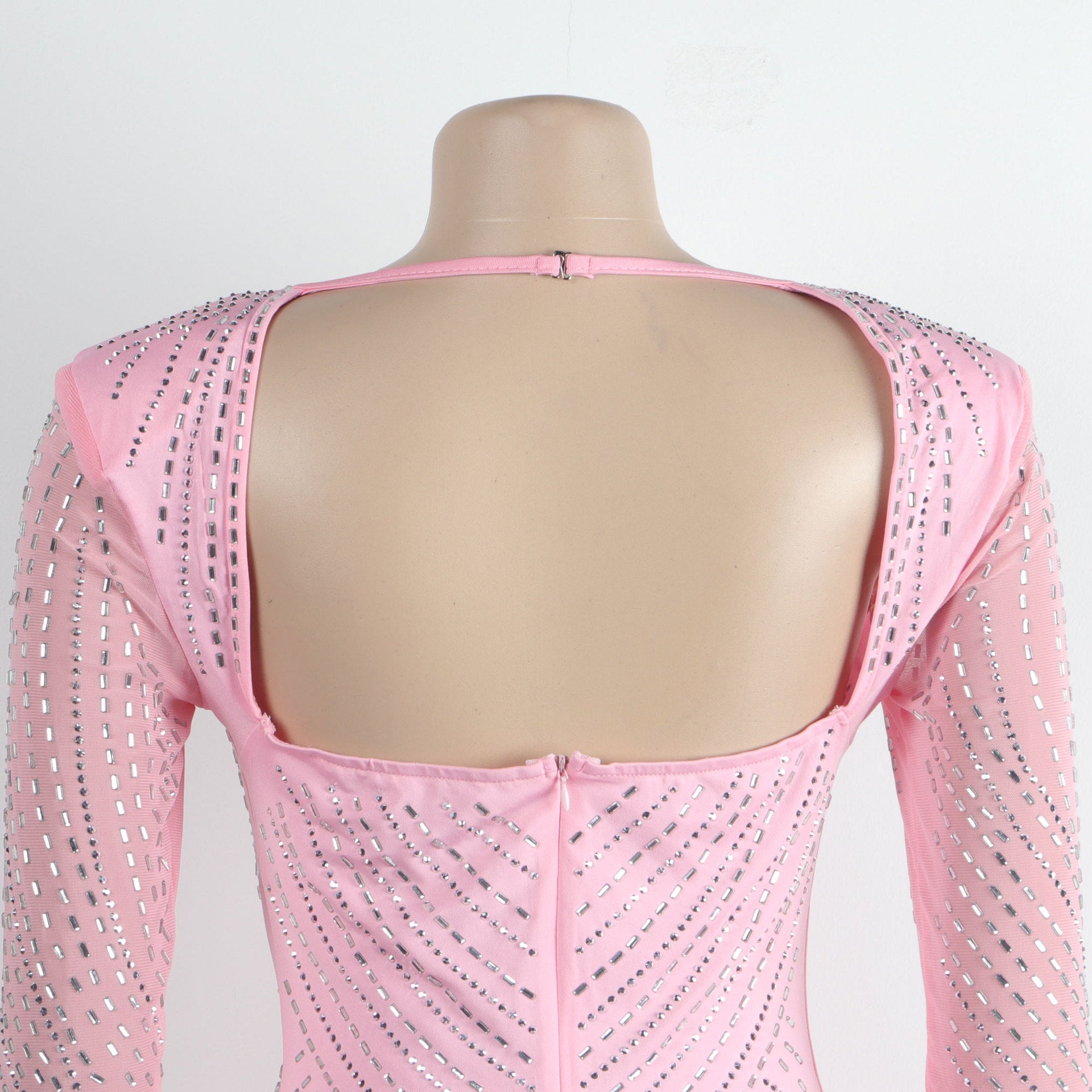 Women Sexy Long Sleeve Beaded Backless Hollow Solid Dress 27