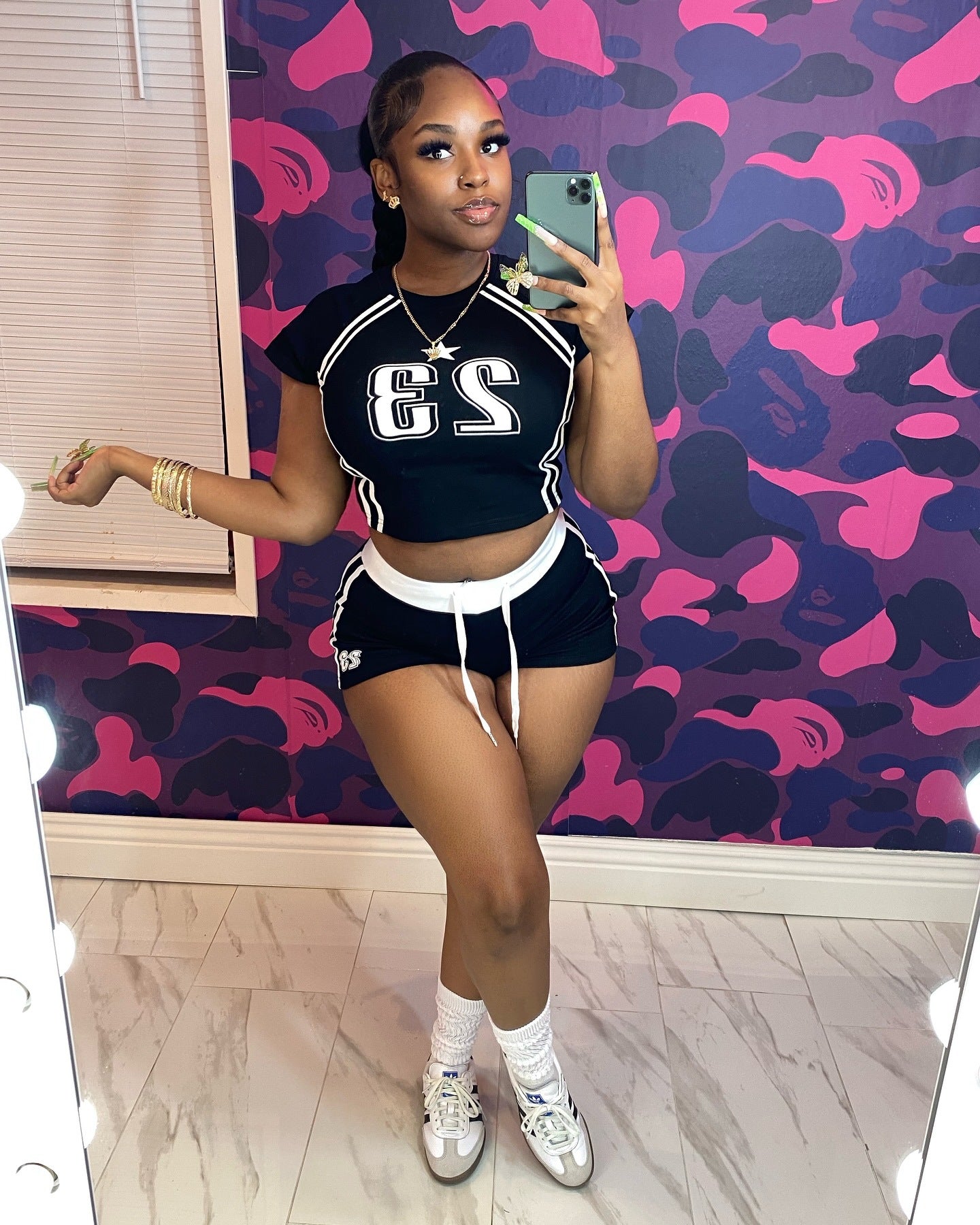 Women Contrast Color Digital Print Short Sleeve Crop Top and Shorts Two Pieces