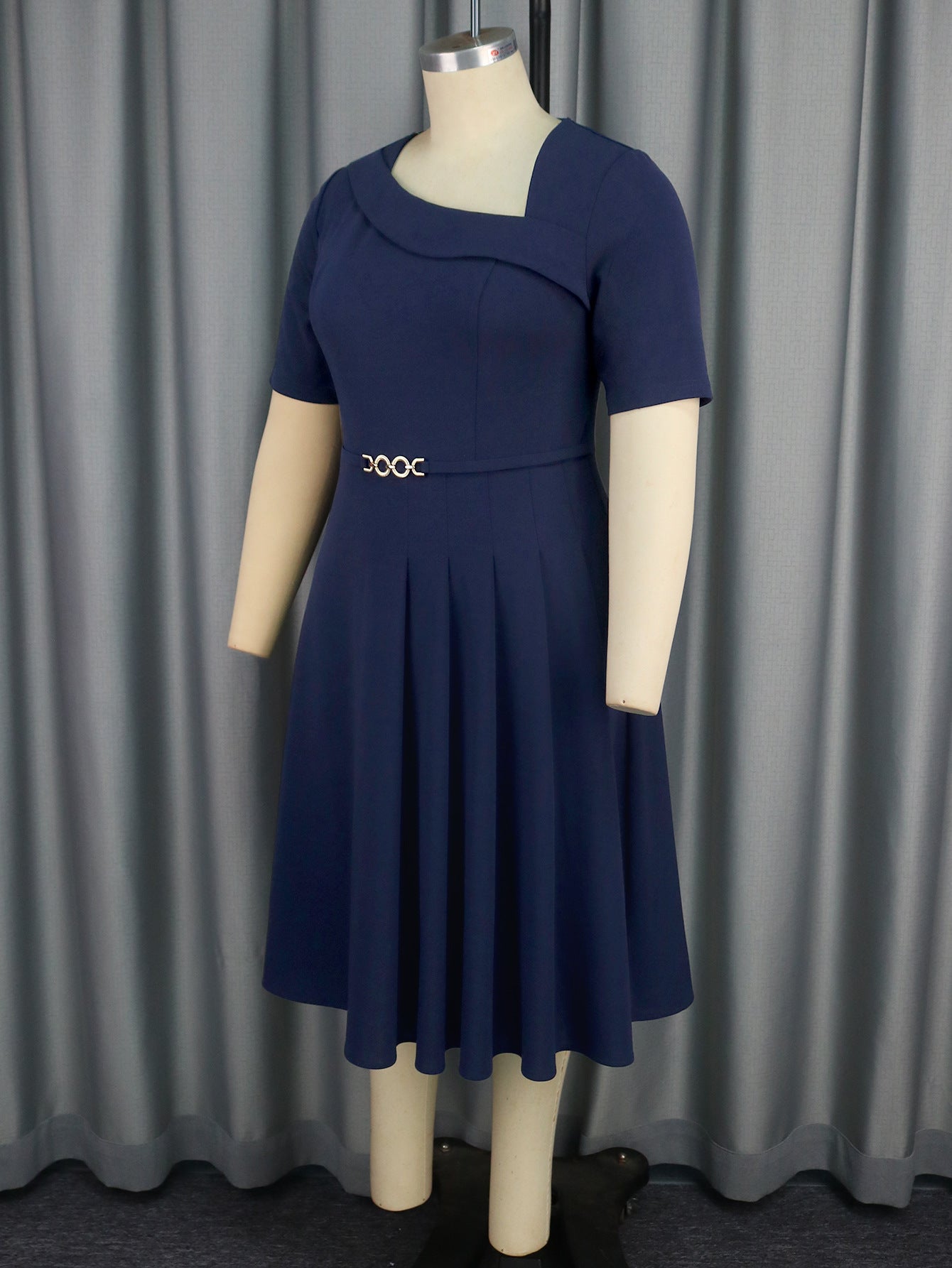 Plus Size Women asymmetric collar pleated Dress 10