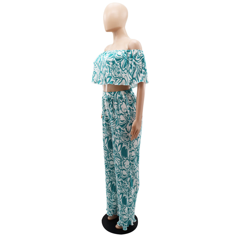 Women's Off Shoulder Wrap Crop Slim Waist Pants Two-Piece Set 12