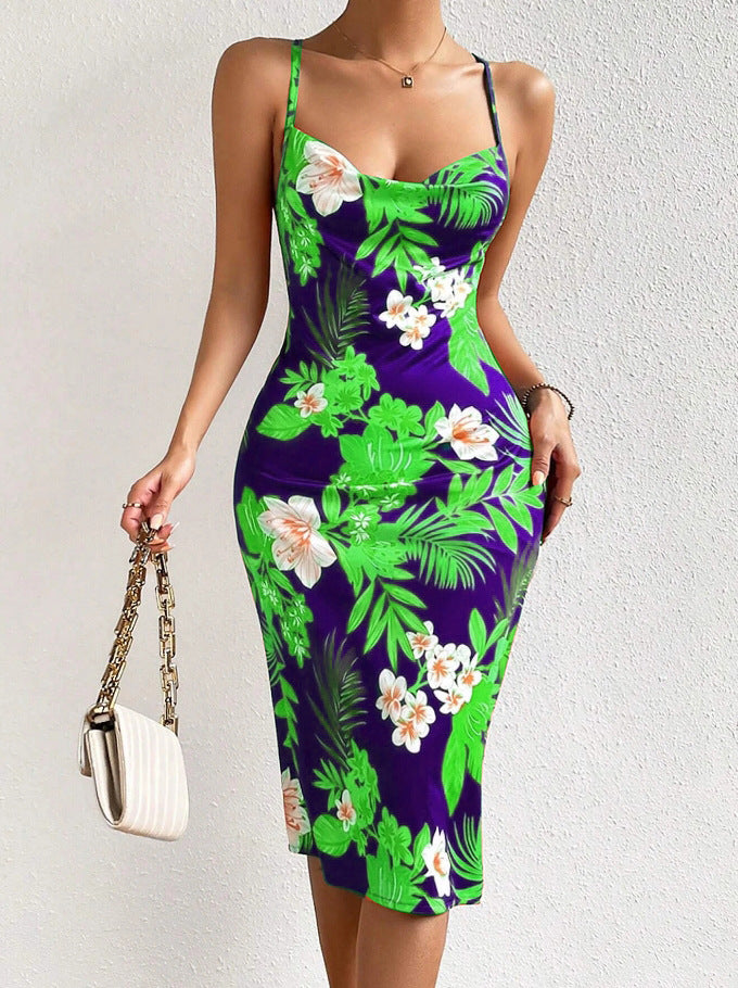 Sexy Women's Side Slit Print Strap Mid Dress 11