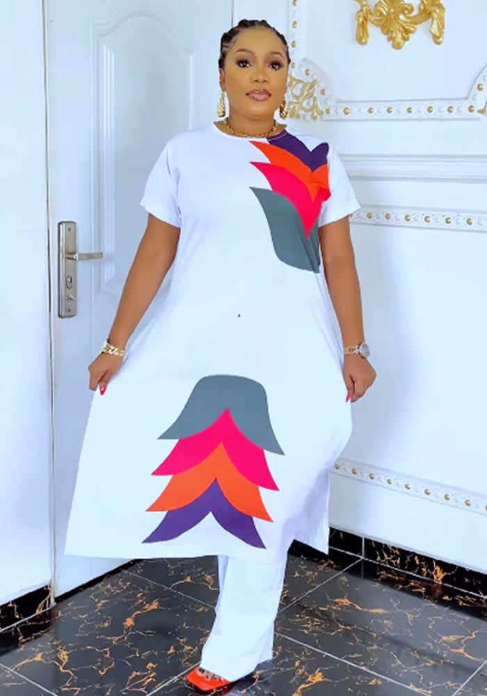 Women Printed Slit Round Neck Long Top And Pant Two-piece Set